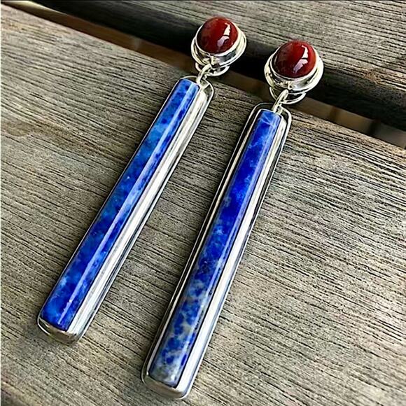 Handmade Silver Red Agate Lapis Lazuli Vintage Boho Long Vertical Earrings - Picture 3 of 5